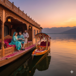 Ultimate luxury Kashmir tour package experience - premium houseboat on Dal Lake with private shikara and mountain views at sunset