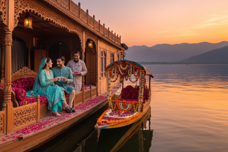 Ultimate luxury Kashmir tour package experience - premium houseboat on Dal Lake with private shikara and mountain views at sunset