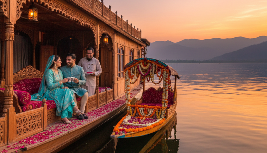 Ultimate luxury Kashmir tour package experience - premium houseboat on Dal Lake with private shikara and mountain views at sunset