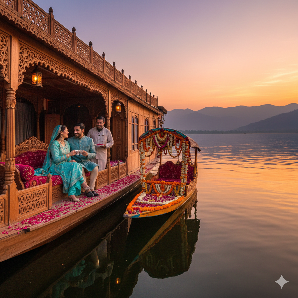 Ultimate luxury Kashmir tour package experience - premium houseboat on Dal Lake with private shikara and mountain views at sunset