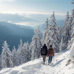 Couple trekking through a snowy pine forest in Gulmarg on a Kashmir holiday package