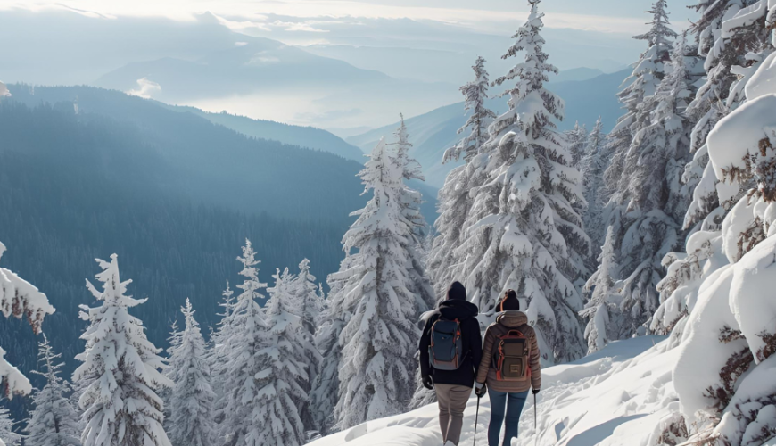 Couple trekking through a snowy pine forest in Gulmarg on a Kashmir holiday package