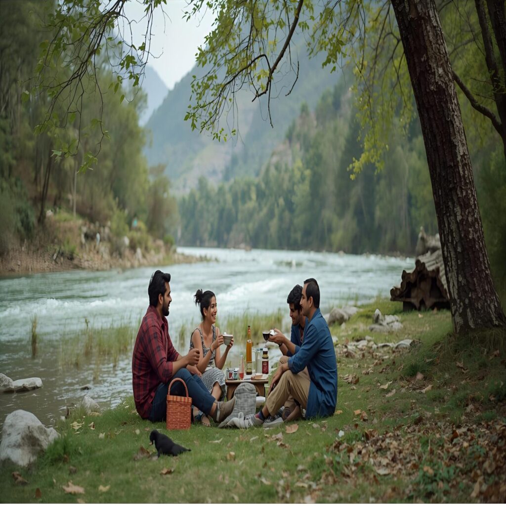 Family picnic in Pahalgam - ideal for Kashmir family tours from Dubai