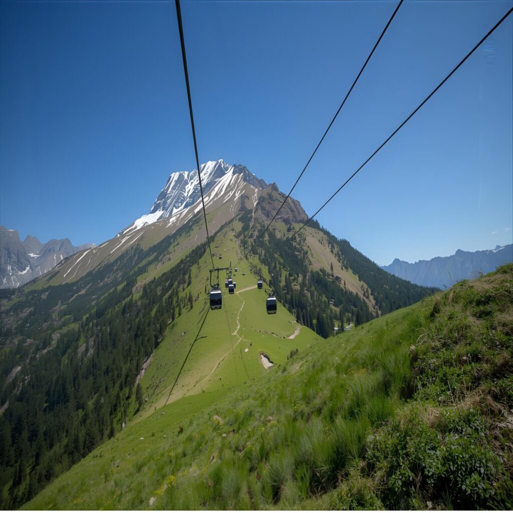A dynamic, wide-shot of the Gulmarg Gondola cabins moving up the lush green or snow-covered slope of Apharwat Peak, with a clear blue sky.