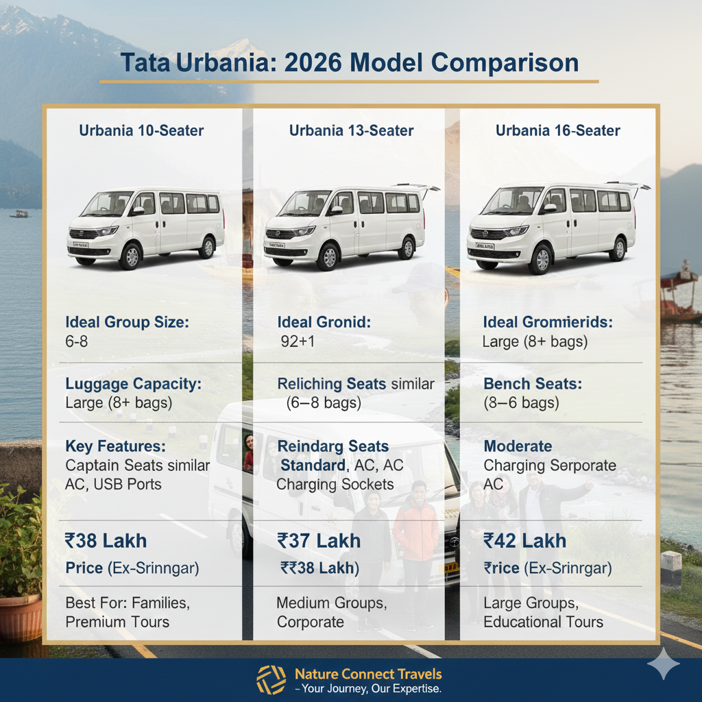 2026 price comparison infographic for Urbania tempo traveller in Kashmir rental packages