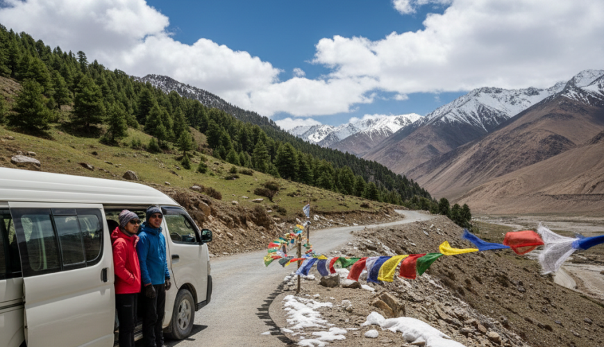 A tempo traveller at Zoji La Pass, the gateway from Kashmir to Ladakh on the epic Srinagar to Leh route - showcasing the adventure behind the fare