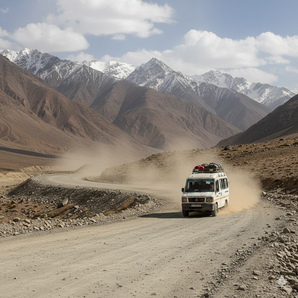 A tempo traveller on the iconic Srinagar to Leh highway - essential for understanding group travel fare and logistics
