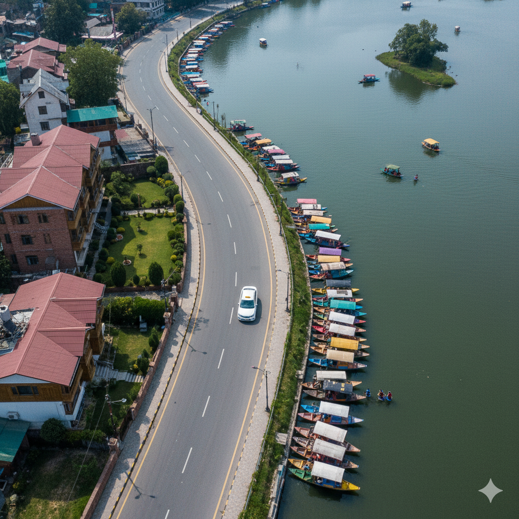 Aerial view of taxi on scenic Boulevard Road to Dal Lake - showing direct Srinagar railway station to hotel route