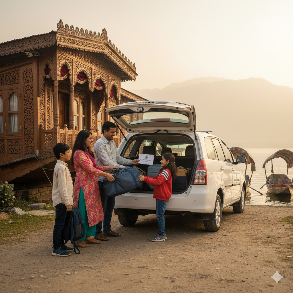 Pilgrim family booking a reliable Srinagar to Katra taxi service for their Vaishno Devi yatra.