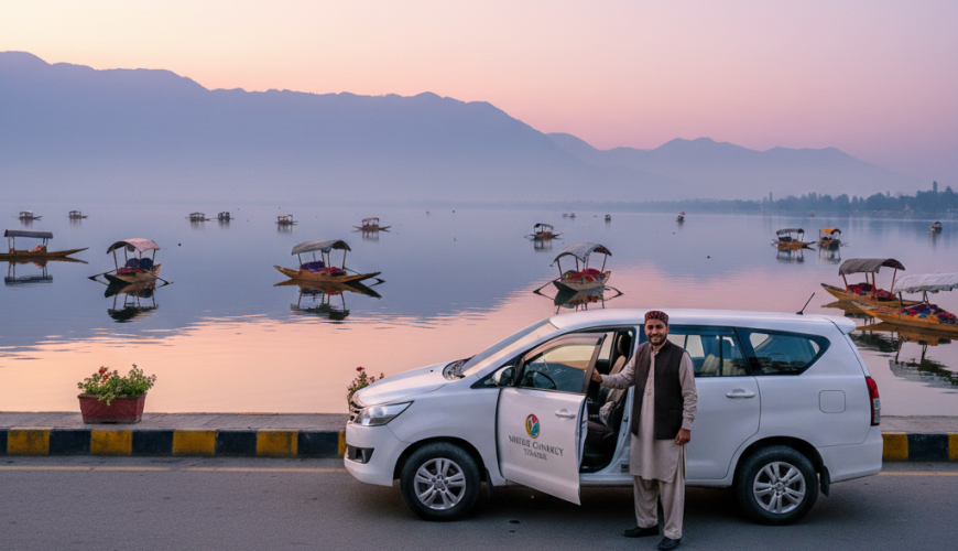 Best taxi rental in Srinagar - premium Innova cab ready for adventure at scenic Dal Lake at sunrise