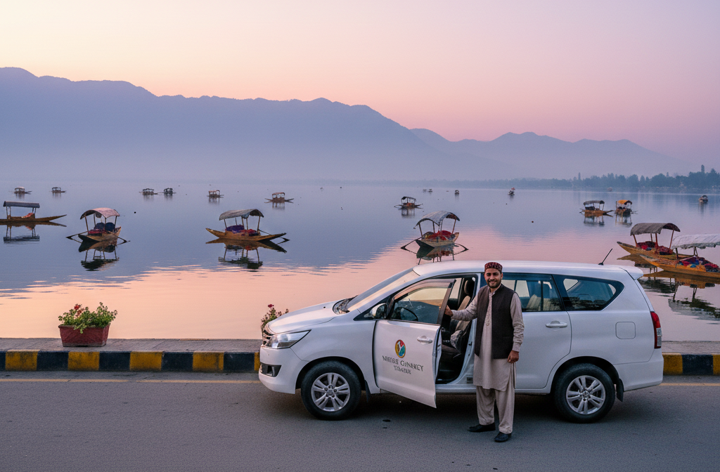 Best taxi rental in Srinagar - premium Innova cab ready for adventure at scenic Dal Lake at sunrise