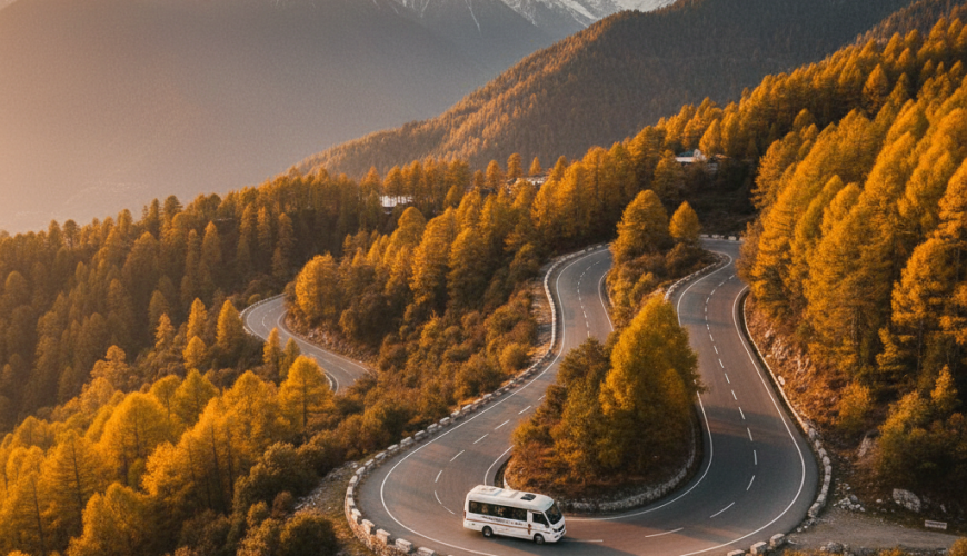 Bird's eye view of Tata Urbania tempo traveller navigating scenic Mughal Road in Kashmir during autumn - perfect for group mountain tours