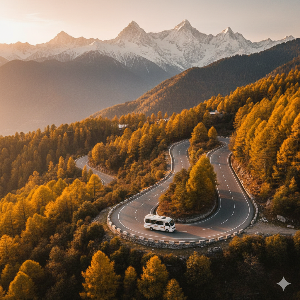 Bird's eye view of Tata Urbania tempo traveller navigating scenic Mughal Road in Kashmir during autumn - perfect for group mountain tours