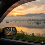 Breathtaking sunrise view of Dal Lake through taxi window - scenic arrival after Srinagar railway station transfer