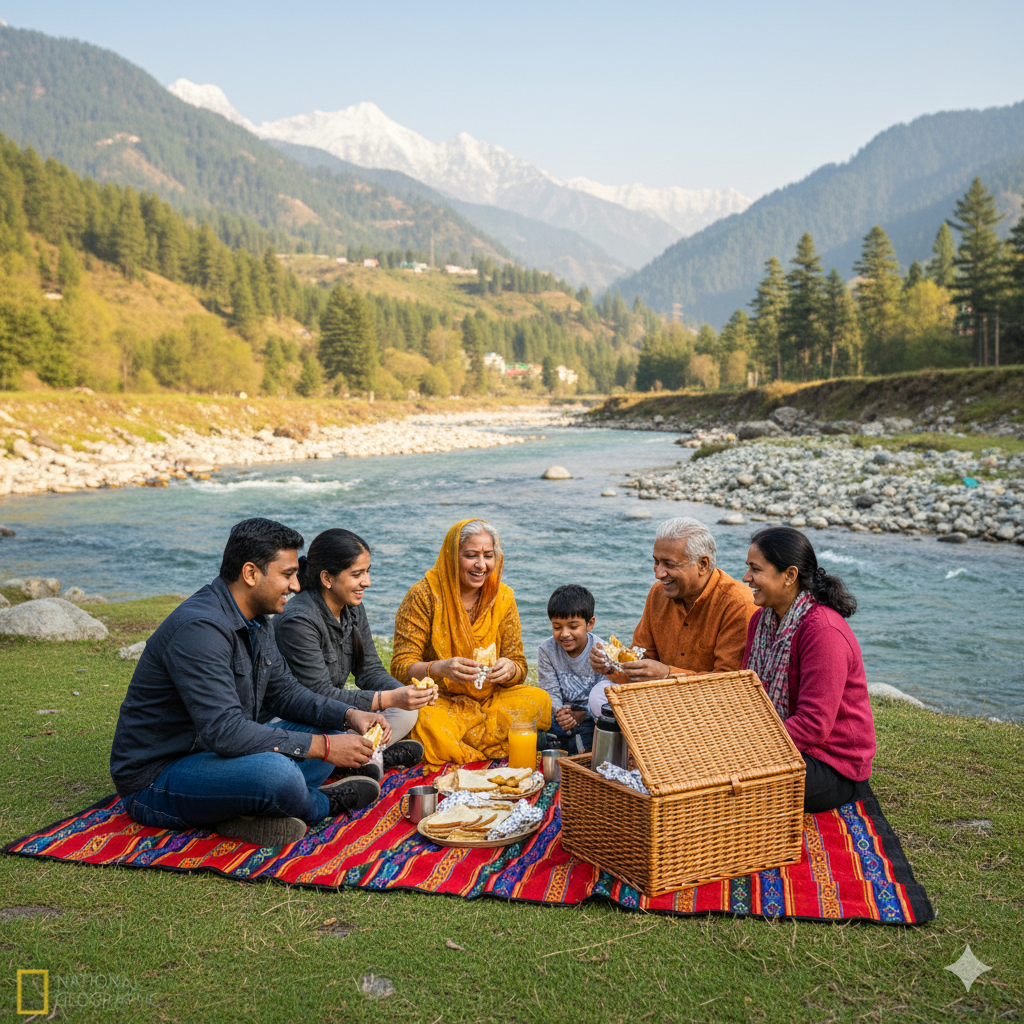 Budget-friendly picnic lunch by the Lidder River on a low-cost Kashmir family tour with cheapest Kashmir tour packages