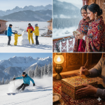 Collage of diverse winter activities in Kashmir family building a snowman, couple enjoying tea on a houseboat, skier on mountain slopes, and artisan crafting traditional handicrafts
