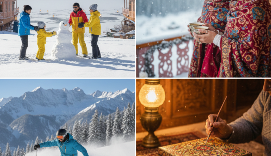 Collage of diverse winter activities in Kashmir family building a snowman, couple enjoying tea on a houseboat, skier on mountain slopes, and artisan crafting traditional handicrafts