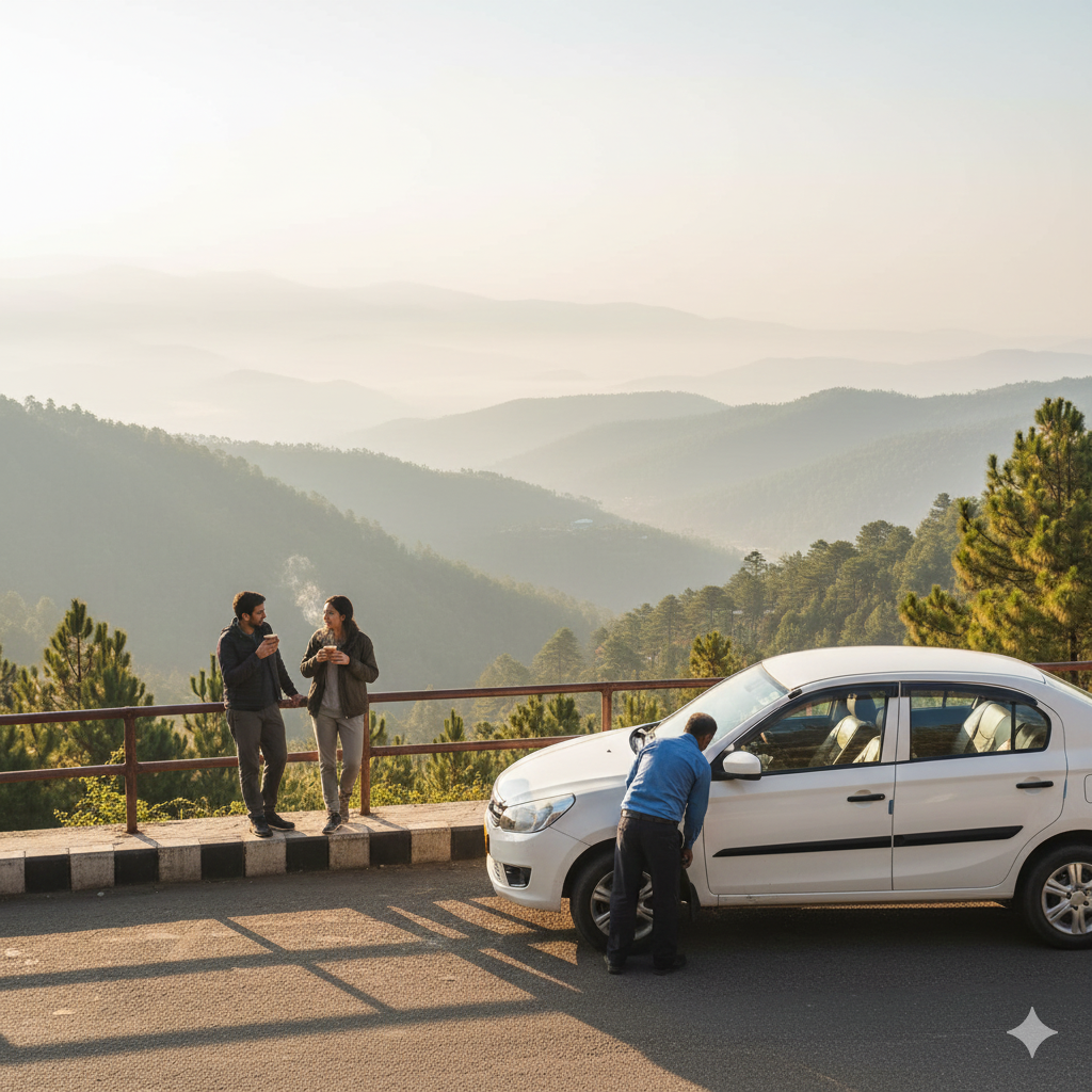 Comfort break at scenic Patnitop during Udhampur to Srinagar taxi fare trip - enjoying Himalayan views