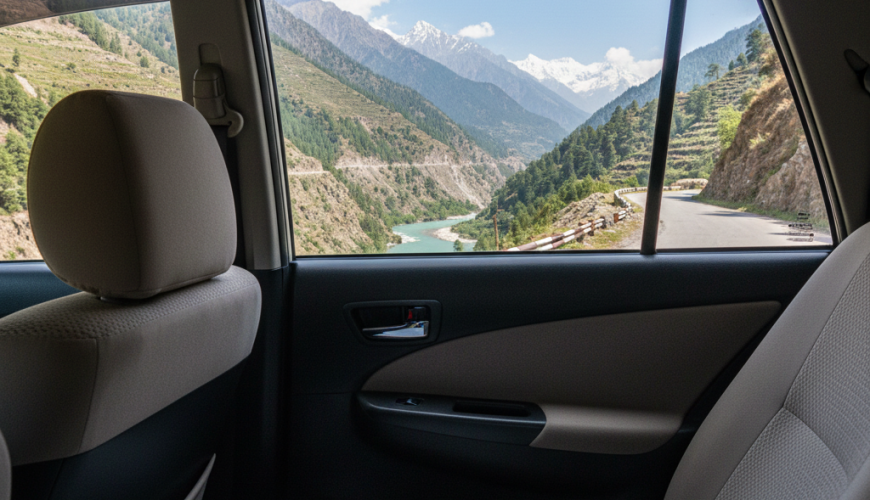 Comfortable and scenic view from inside a taxi on the Jammu to Srinagar highway along the Chenab River.