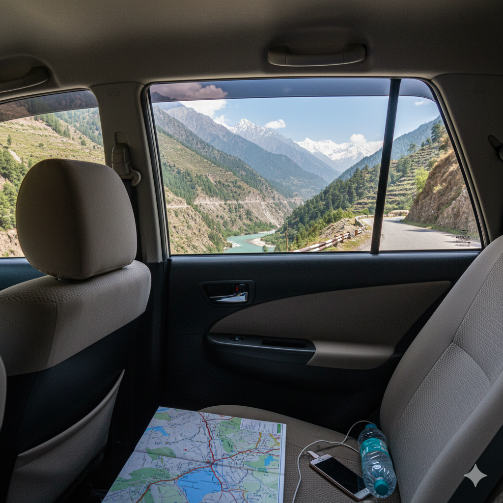 Comfortable and scenic view from inside a taxi on the Jammu to Srinagar highway along the Chenab River.