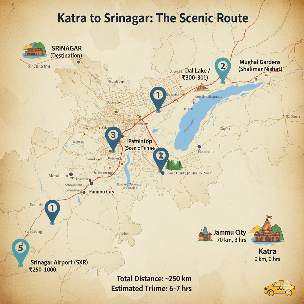 Complete Guide to Cab from Katra to Srinagar 2026: Best Rates & Tips 10 Detailed route map for cab from Katra to Srinagar showing travel times and key stops