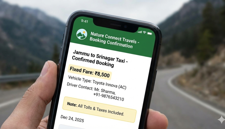 Example of confirmed booking with transparent Jammu and Kashmir taxi rates and all-inclusive pricing