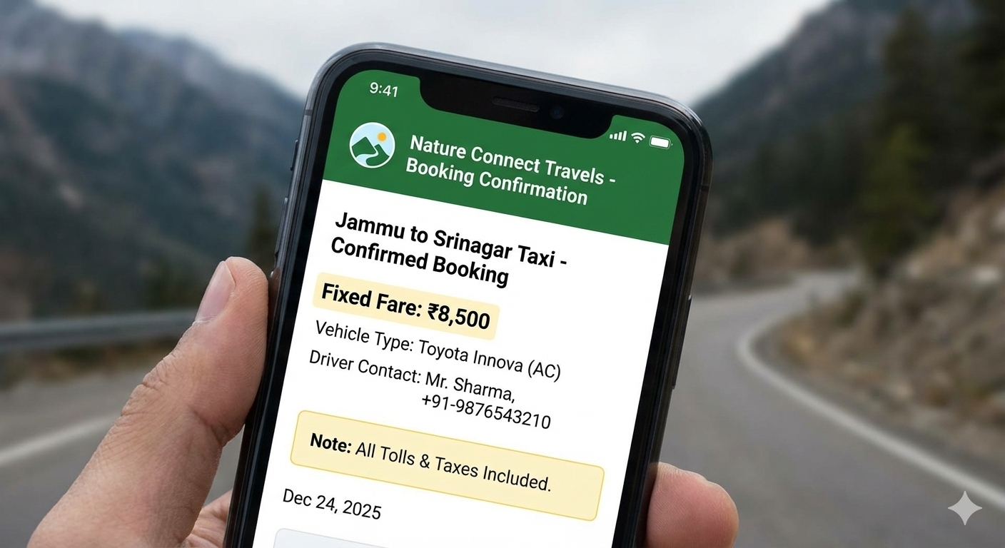 Example of confirmed booking with transparent Jammu and Kashmir taxi rates and all-inclusive pricing