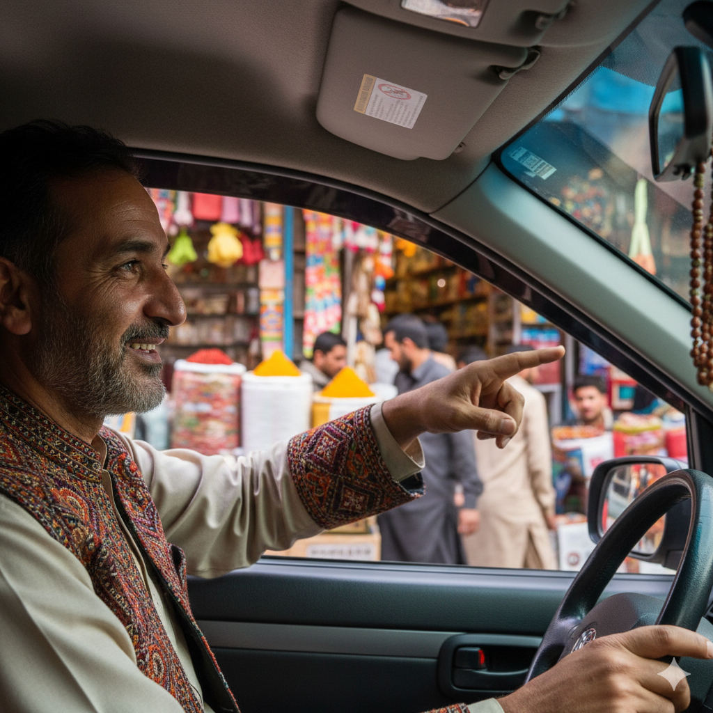 Experienced local driver from best taxi service in Srinagar sharing insider tips in the old city market