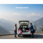 Family calculating excellent per-person value for a private Jammu to Srinagar car fare in a spacious Toyota Innova