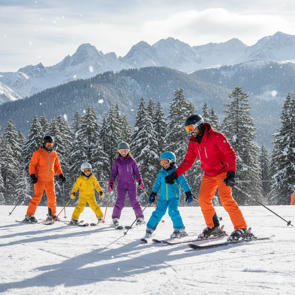 Family enjoying skiing activities - one of the best things to do in Kashmir in winter for families