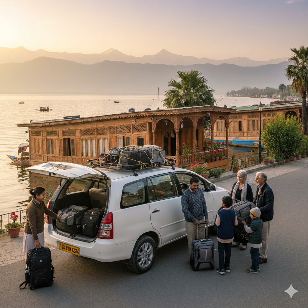 Family using taxi service in Srinagar for convenient houseboat transfers and luggage handling