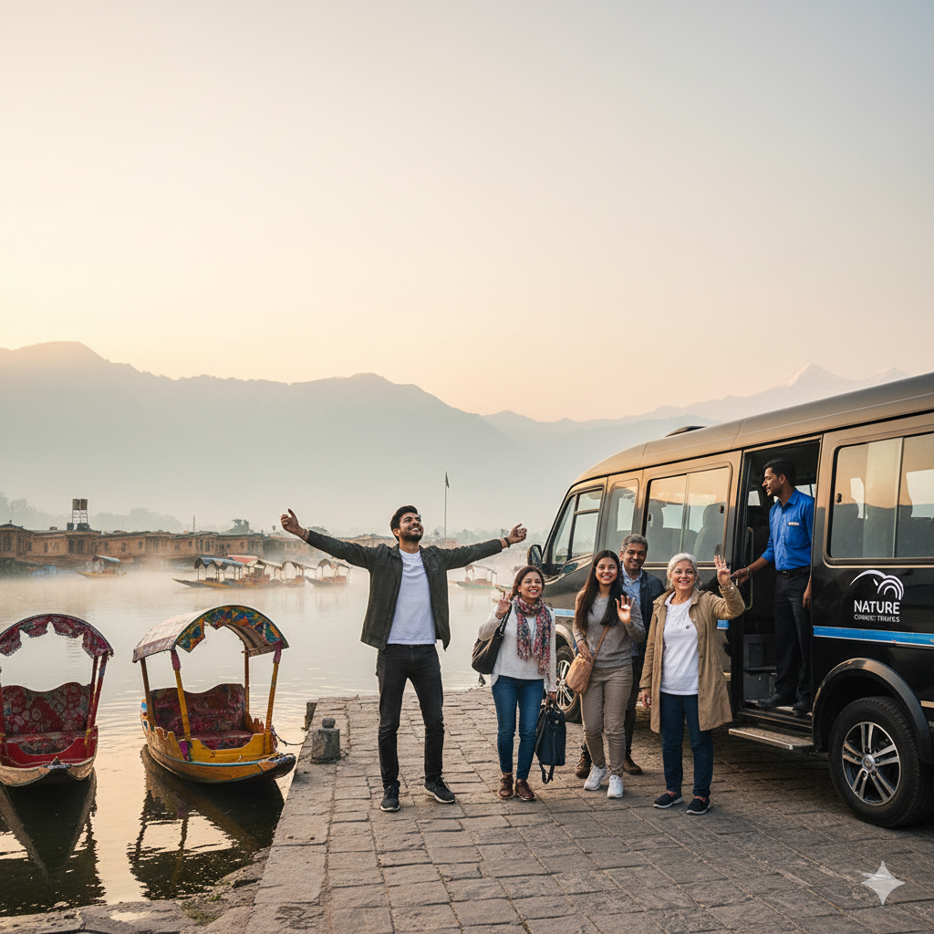 Group happily disembarking from Urbania tempo traveller at Dal Lake Srinagar - reliable Kashmir airport transfer and group transport service