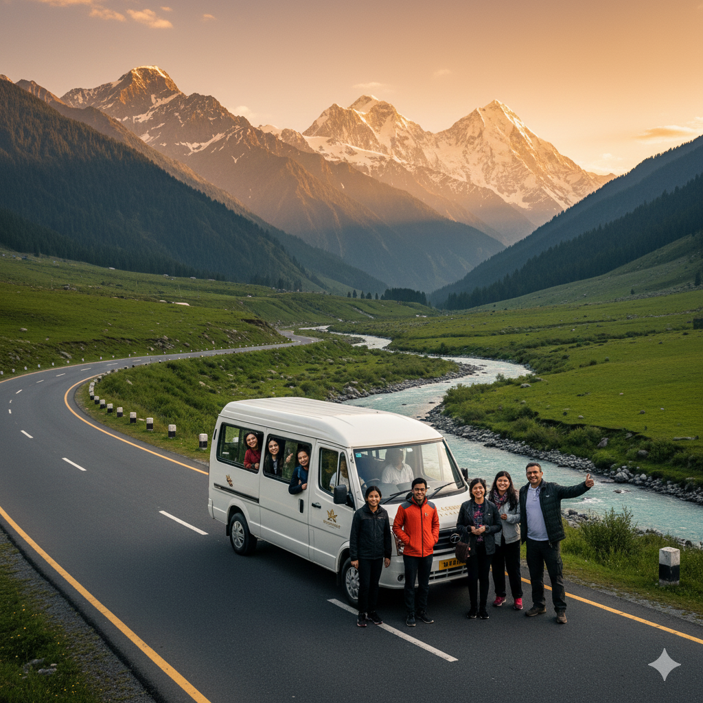  Happy family group with their hired Urbania tempo traveller in Kashmir for a mountain vacation