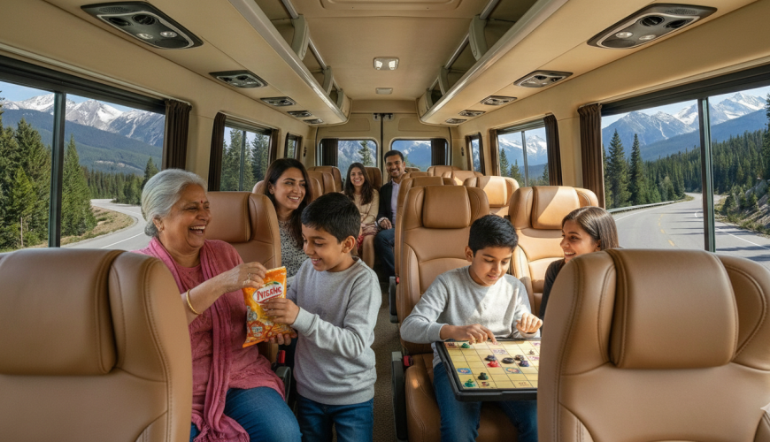 Happy group traveling together in a tempo traveller in Srinagar - the best way for family and friends to explore Kashmir