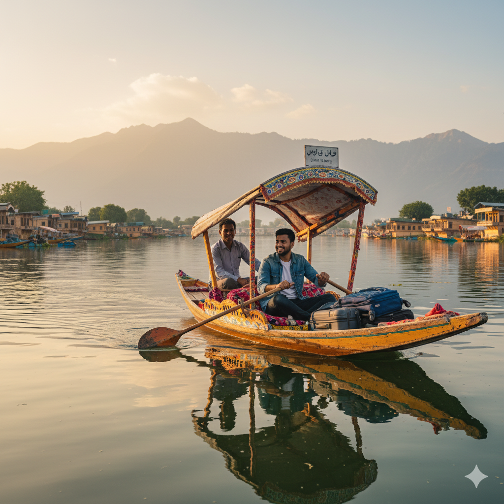 Happy tourist on shikara after smooth taxi transfer from Srinagar railway station to Dal Lake