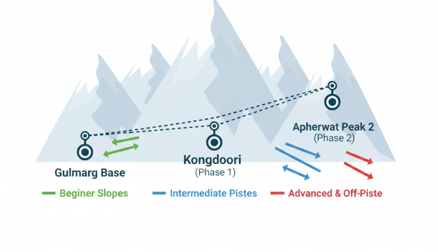 Helpful infographic map of Gulmarg Gondola and ski areas covered in comprehensive Gulmarg skiing packages