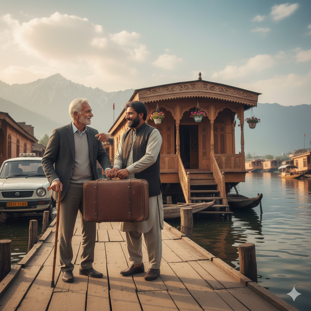 Helpful local taxi service in Srinagar assisting tourists with luggage at Dal Lake houseboats