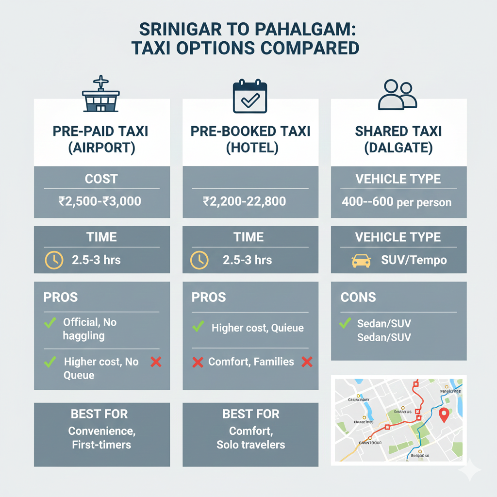 Infographic comparing Srinagar airport to Pahalgam taxi options - choose the best transfer for your trip