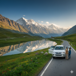 Kashmir cab package travel photo luxury SUV hire on Himalayan mountain road with tourists exploring alpine lake and flower meadows during scenic golden hour