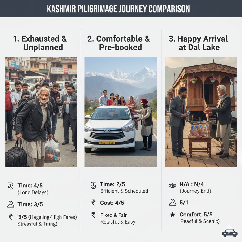 Complete Guide to Cab from Katra to Srinagar 2026: Best Rates & Tips 7 Katra to Srinagar cab journey comparison - from stressful to seamless pilgrimage transition