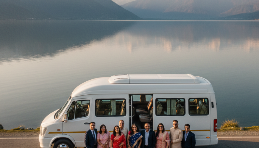 Luxury 17 seater tempo traveller in Srinagar parked at Dal Lake for unforgettable large group tours