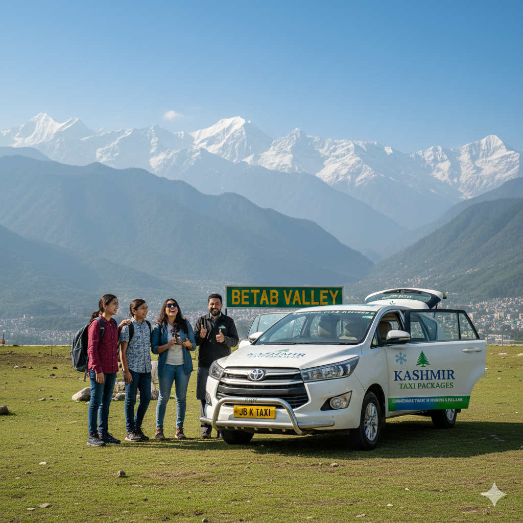 Memories made easy - happy travelers with their trusted driver after a perfect multi-day Kashmir taxi package from Srinagar