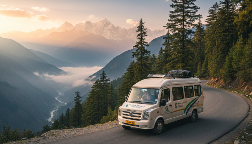 Modern tempo traveller on scenic Himalayan road during Delhi to Srinagar journey with Nature Connect Travels - perfect Kashmir group tour vehicle