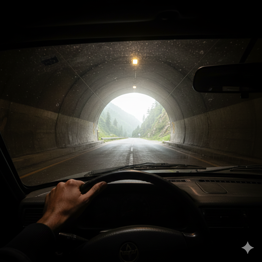 Moment of arrival into Kashmir Valley via Jawahar Tunnel during Udhampur to Srinagar taxi fare journey