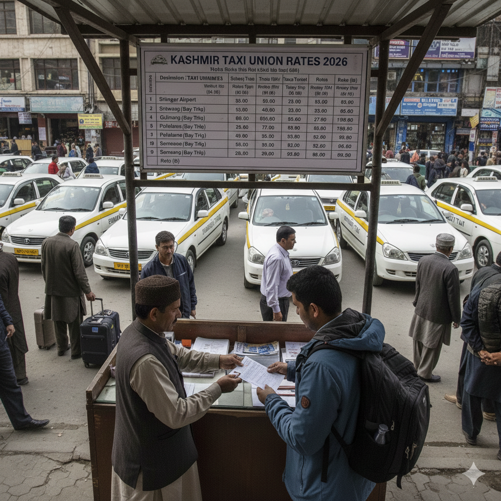9 Kashmir Taxi Union Rates 2026: Complete Official Guide 7 Official Kashmir taxi union rates chart and booking process at main Srinagar tourist taxi stand