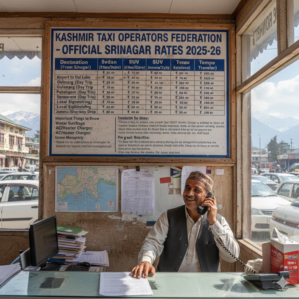 9 Kashmir Taxi Union Rates 2026: Complete Official Guide 9 Official Kashmir taxi union rates chart displayed at Srinagar tourist taxi stand for transparent pricing