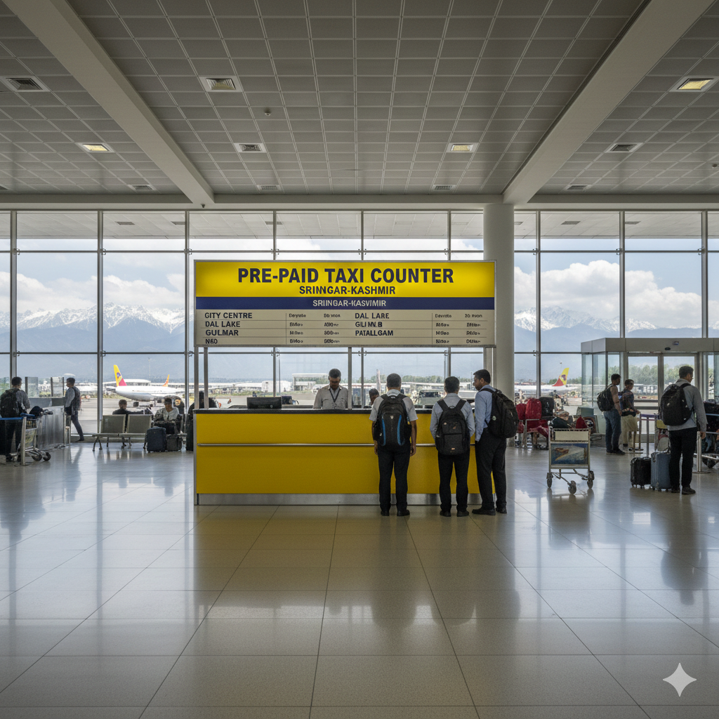 Official pre-paid taxi counter at Srinagar Airport for fixed fare to Pahalgam - avoid overcharging.