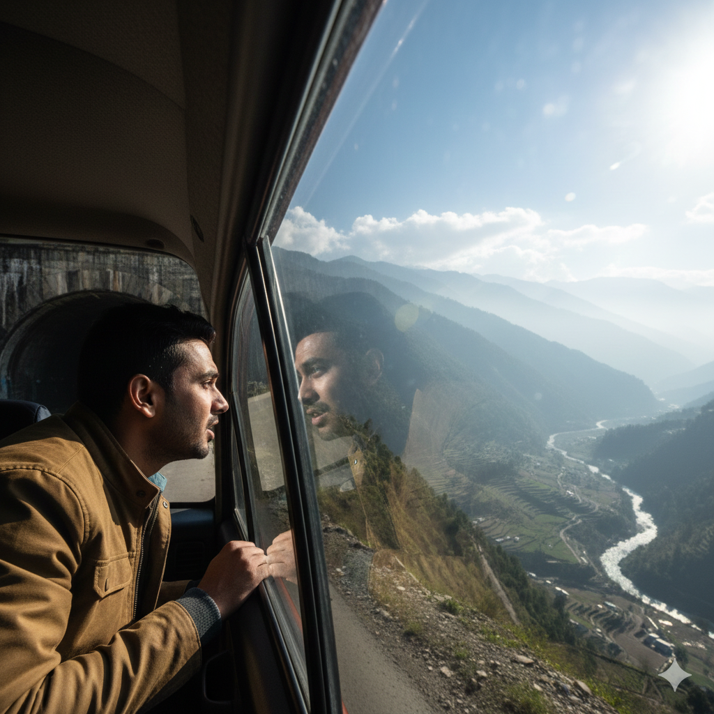 Passenger enjoying first glimpse of Kashmir Valley during Udhampur to Srinagar taxi journey