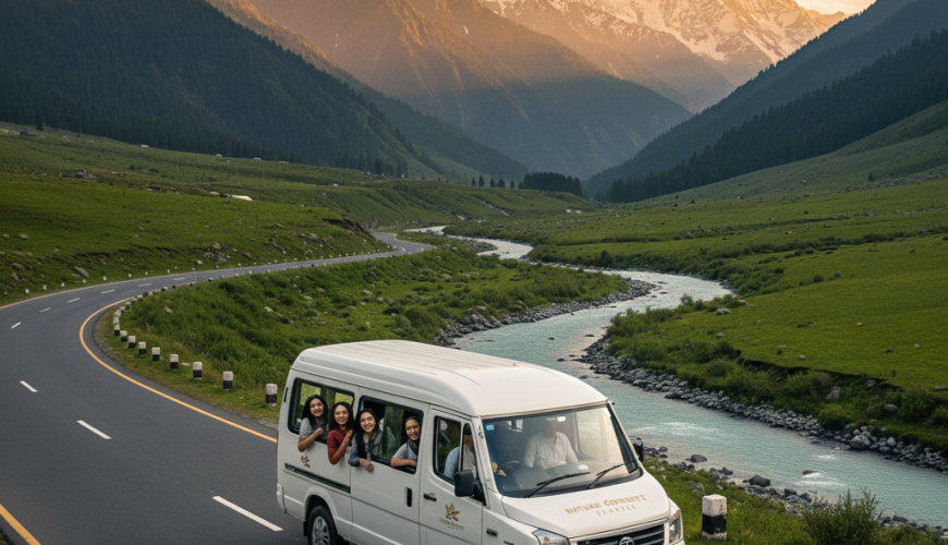 Premium Tata Urbania rental service by Nature Connect Travels for group and family tours on scenic Kashmir mountain highways