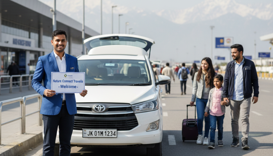 Professional driver from Nature Connect Travels providing a reliable and welcoming taxi service in Srinagar airport arrival hall